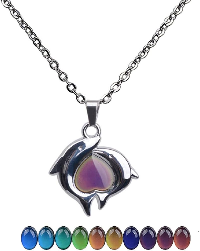 Color Changing Dolphin Pendant Necklace Mood Necklace Mermaid Change Color Emotion Double Dolphin Pendant Stainless Steel Necklace Love Shape Mood Necklace for Children and Teens