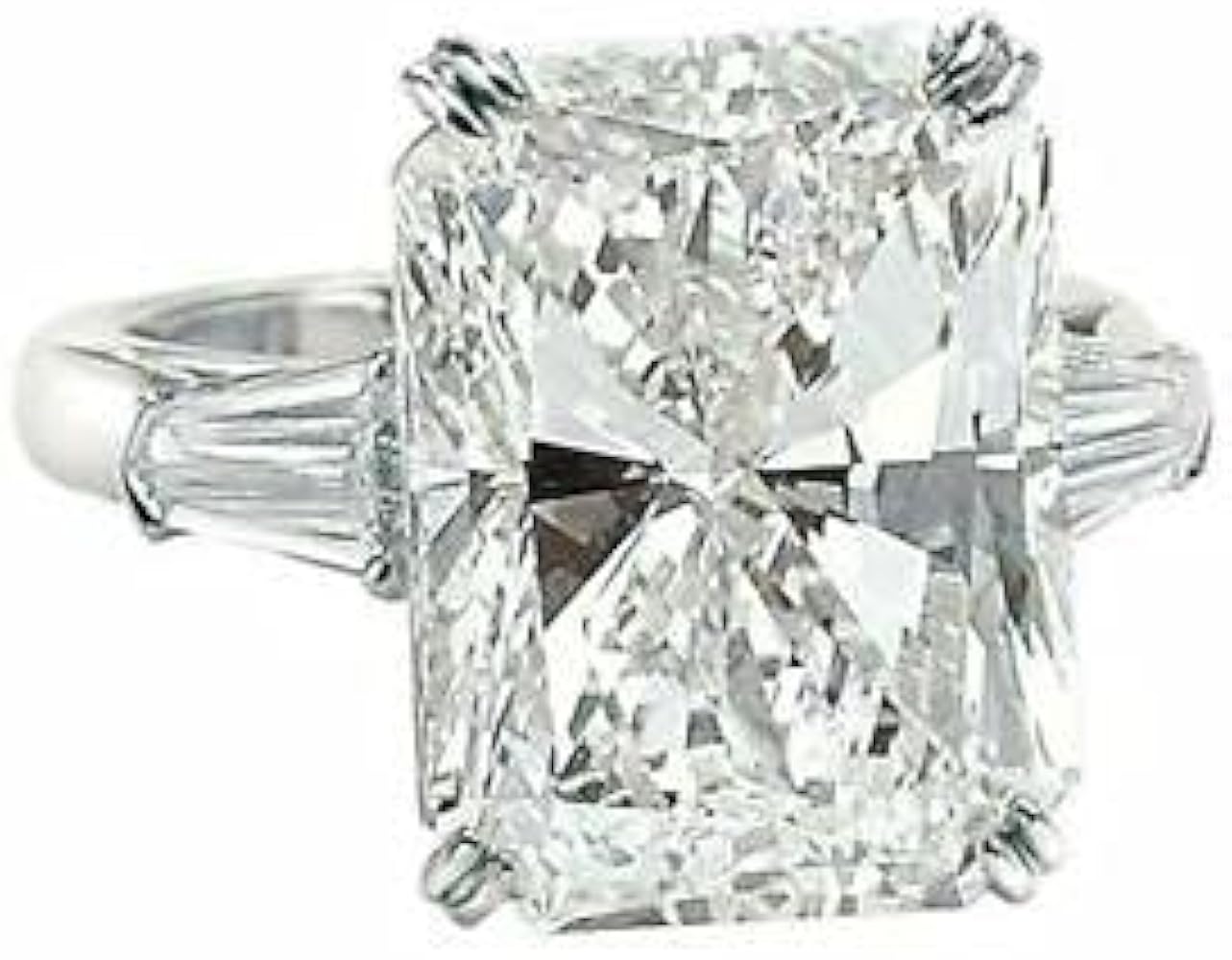 4ct Radiant Cut Diamond Solitaire Ring 14k White Gold Plated and Baguette Accent