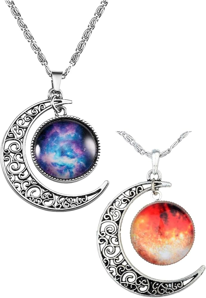 COLORFUL BLING 2PCS Galaxy Crescent Moon Pendant Necklaces Jewelry