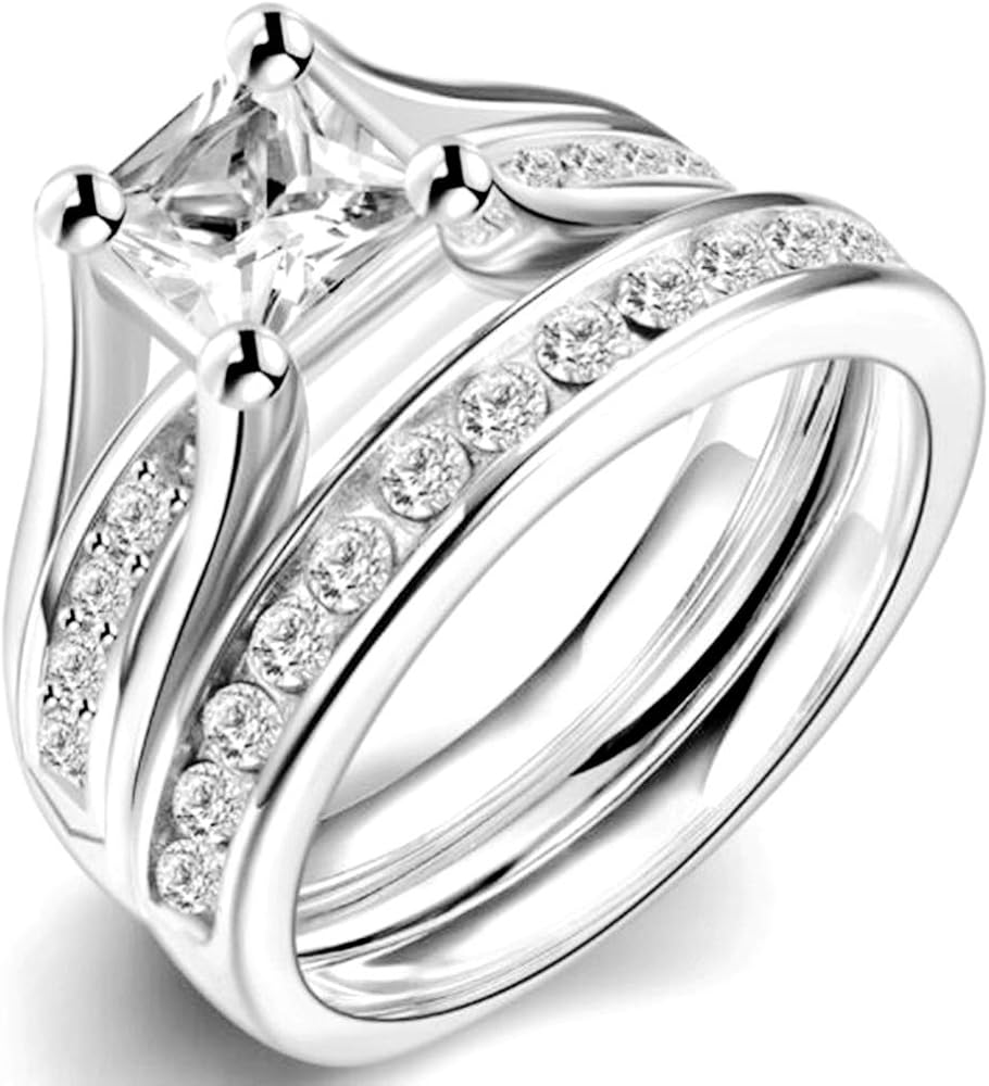 Stainless Steel Princess Cut Wedding Engagement Anniversary Statement Bridal Halo Ring Set