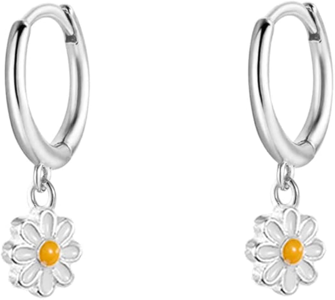 Cute Daisy Flower Charm Huggie Tiny Small Hoop Cartilage Earrings for Women Teen Girls Little Girls Dainty Real 925 Sterling Silver Short Dangle Drop Sleeper Hinged Hoops Hypoallergenic Minimalist Fashion Jewelry Gifts Daughter Her Valentines Day