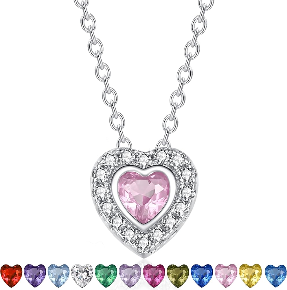 Birthstone Choker Necklaces for Women Girls: S925 Sterling Silver Heart Shaped Birthstones Necklace Cubic Zirconia Heart Gemstone Pendant - Fine Jewelry Birthday Mother's Day Jewelry Gifts for Mother Wife Her