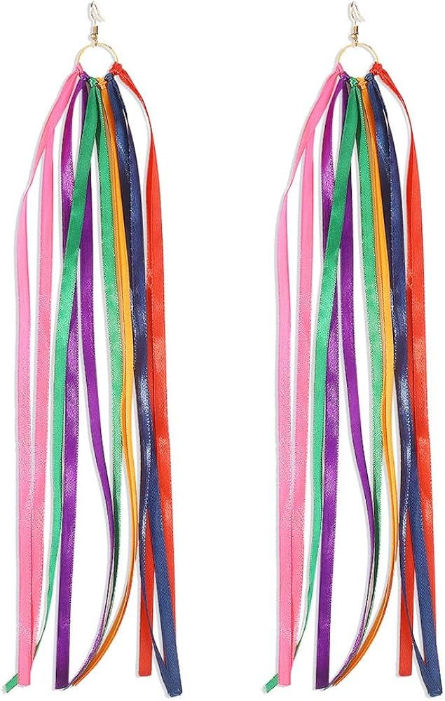 Rainbow Tassel Dangle Earrings for Women Girls Gold Plated Boho Handmade Colorful Ribbon Long Threader Round Drop Dangling Lightweight Statement Hoop Hook Earring Bohemian Vacation Holiday Party Jewelry