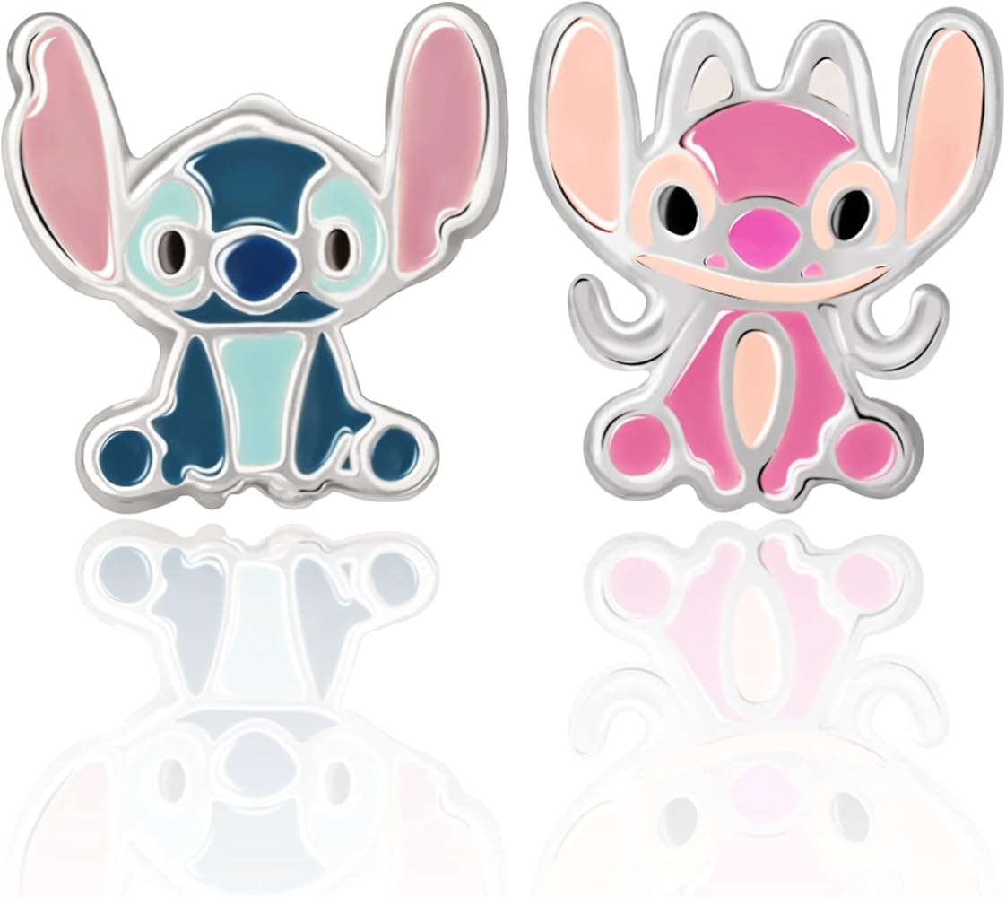 Disney Lilo & Stitch Stud Earrings Sterling Silver - Mismatch Angel & Stitch Girls Earrings - Officially Licensed