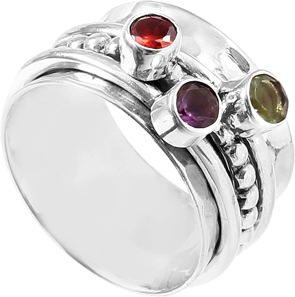 Designer Spinner Amethyst Garnet Peridot ring Meditation Worry Boho Spin ring 925 sterling Silver jewelry