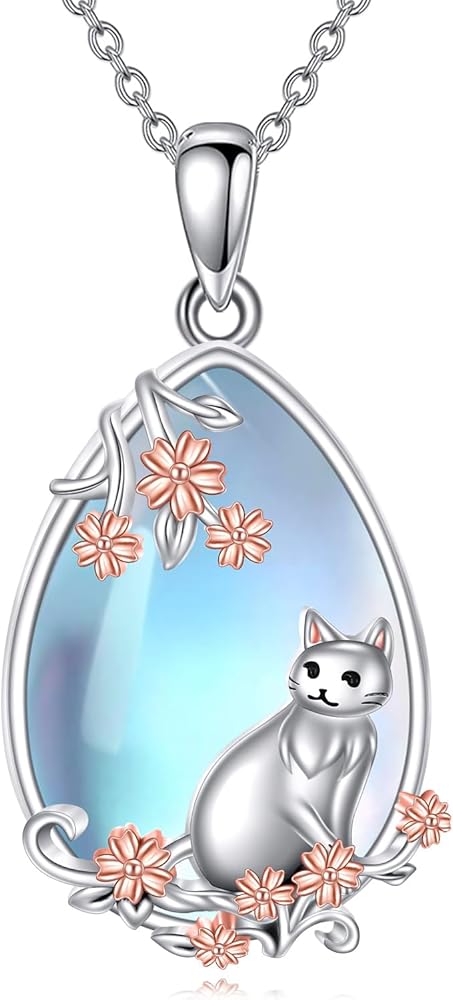 LUHE Moonstone Necklace Sterling Silver Fox/Axolotl/Cat/Raccoon/Penguin/Frog/Panda/Highland Cow Pendant Necklace Animal Jewelry Gifts for Women