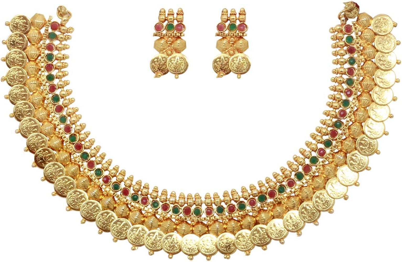 SANARA Indian Bollywood Jewelry Ethnic Gold Plated Traditional South Indian Coin Temple Choker Necklace Earring Set Women Bridal Choker Jewelry Multi Stone Jewelry