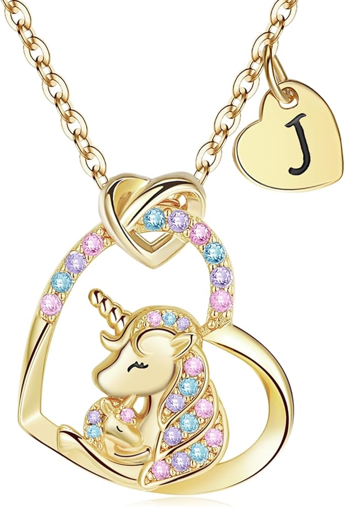 Unicorn Gifts for Girls Necklace Decorations - Unicorn Necklace Birthday Personalized Gifts for Girls Heart Pendant Hug Initial CZ Necklace Classic Unicorns Jewelry Gifts for Girls Fashion