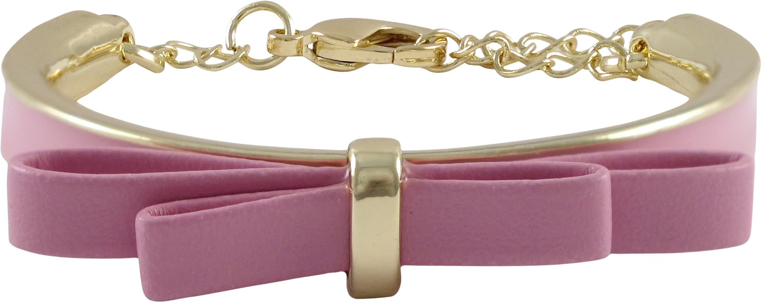 Gold Finish Light Pink Faux Leather Pink Bow Children's Bangle Bracelet, 4"+1" Extender