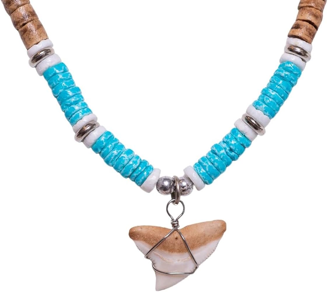 BlueRica Shark Tooth on Coconut Shell Beads Necklace (18" 2U)