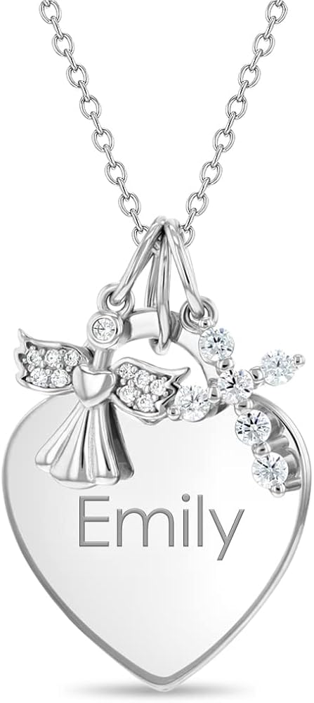 925 Sterling Silver Personalized Heart Necklace for Young Girls with Clear Cubic Zirconia Guardian Angel & Cross Pendant - Engravable Shiny CZ Heart Shape Name Tag ID Necklaces for Children & Teens