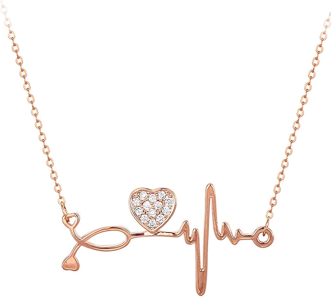 CZ Heartbeat Necklace Custom Heartbeat Pendant Necklace Dainty Heart Charm Necklace Rose Gold Pendant Gold Necklace Gift For Nurse Necklace For Doctors Fashion Necklace Pave CZ Heart and Heartbeat Necklace