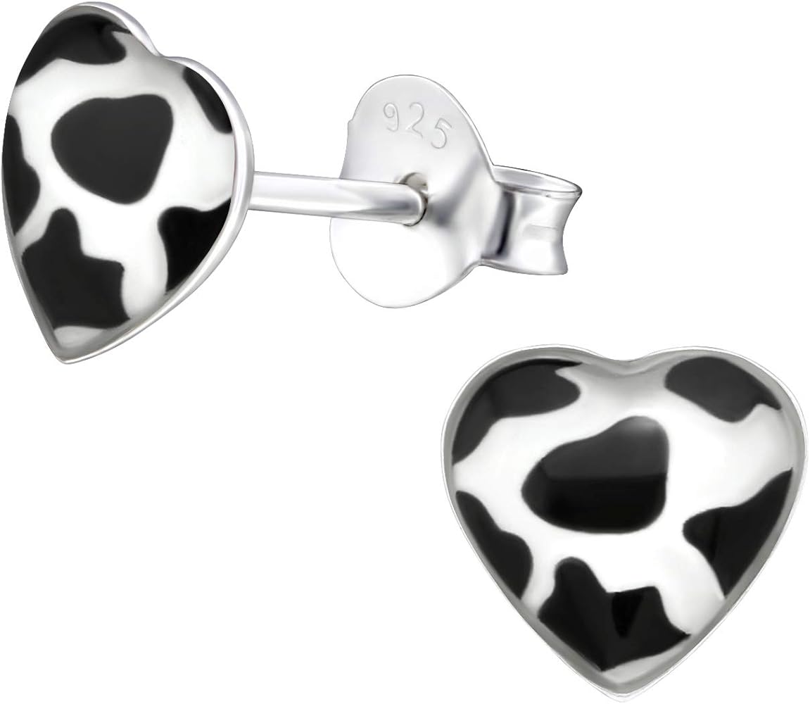 PTN Cow Print Heart Earrings Black and White Earrings Studs Small 925 Sterling Silver (E31705)