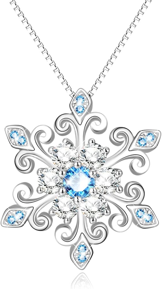 AOBOCO 925 Sterling Silver Snowflake Pendant Necklace Blue and White Fleur De Lis, Romantic Jewelry Gift for Her Birthday