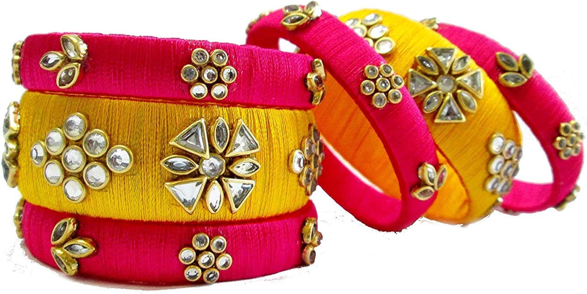 Silk Thread Bangles Designer Beautiiful Kundan Bangle Set - Rani Pink and Yellow