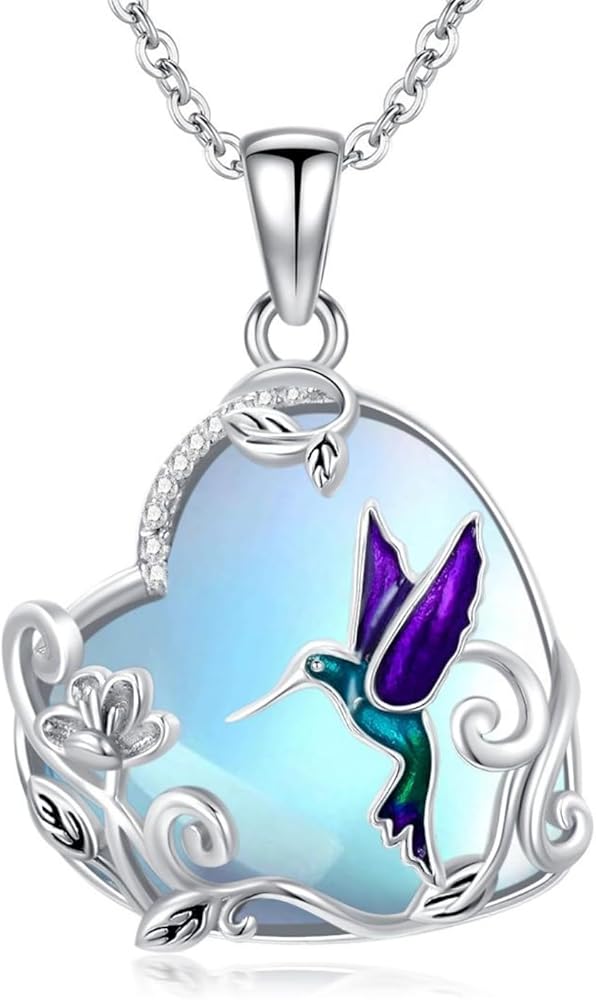 KQF Hummingbird Necklace for Women Sterling Silver Moonstone/Black Onyx/Infinity Pendant Necklace Birds Flower Jewelry Mothers Day Gifts for Girls