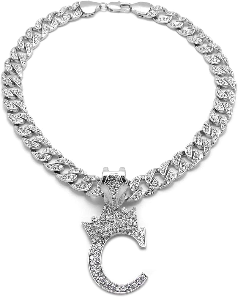 Kings and Queens Crowned Initial Letter C Crystals Pendant Silver-Tone Cuban Linked Chain Necklace