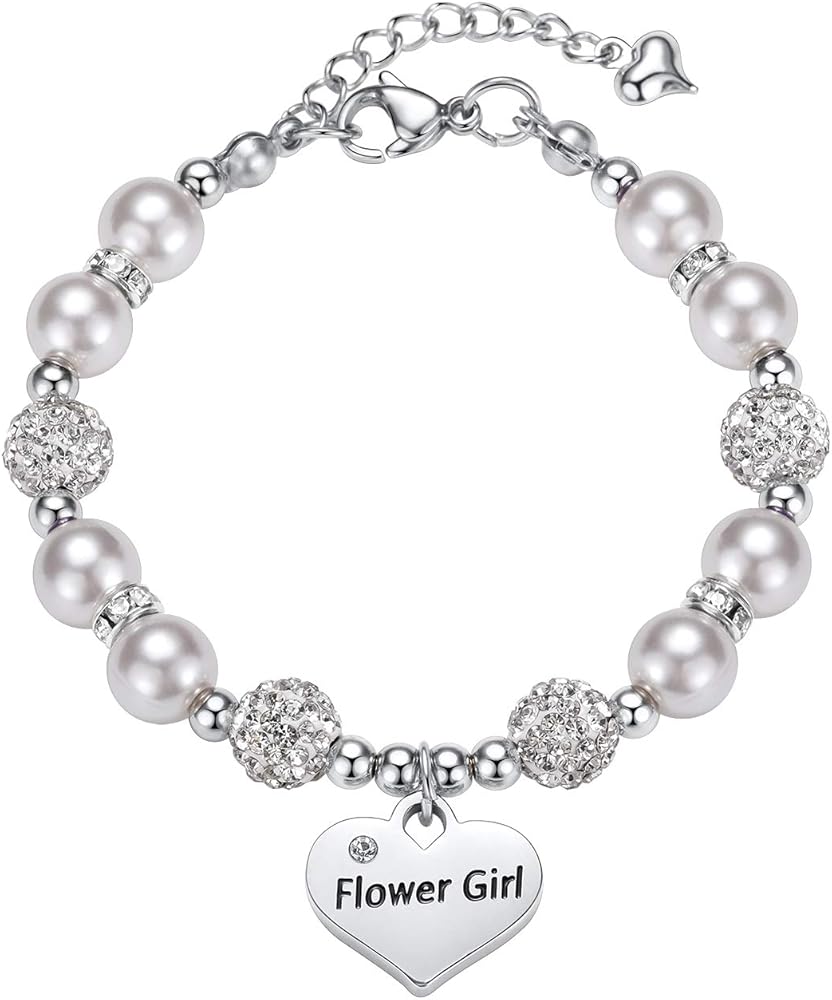 Flower Girl Bracelet Heart Pendant Rhinestone Charm Pearl Bracelet girls Jewelry Wedding Gifts