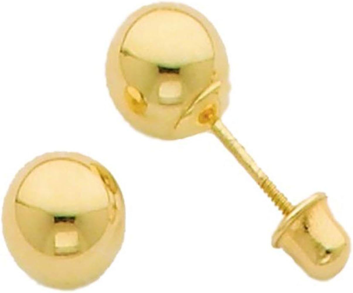 14k Yellow Gold Ball Stud Earrings with Screw Back - 5 Different Size Available