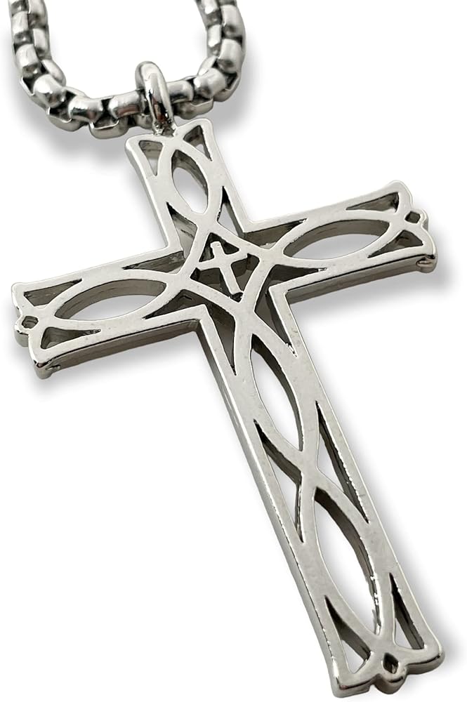 Cross Jesus Fish Ichthus Rhodium Metal Finish Pendant Stainless Steel Heavy Chain Necklace