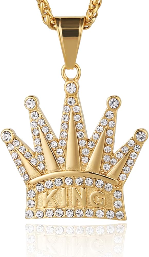 HZMAN 18k Gold Plated Cz Inlay King Crown Stainless Steel Pendant Necklace Success and Protection Lucky (Gold)