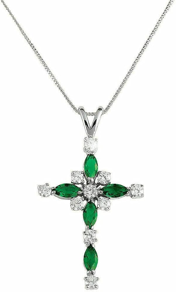 3Ct Marquise Green Emerald Cross Pendant 14k White Gold Plated 18'' Free Chain