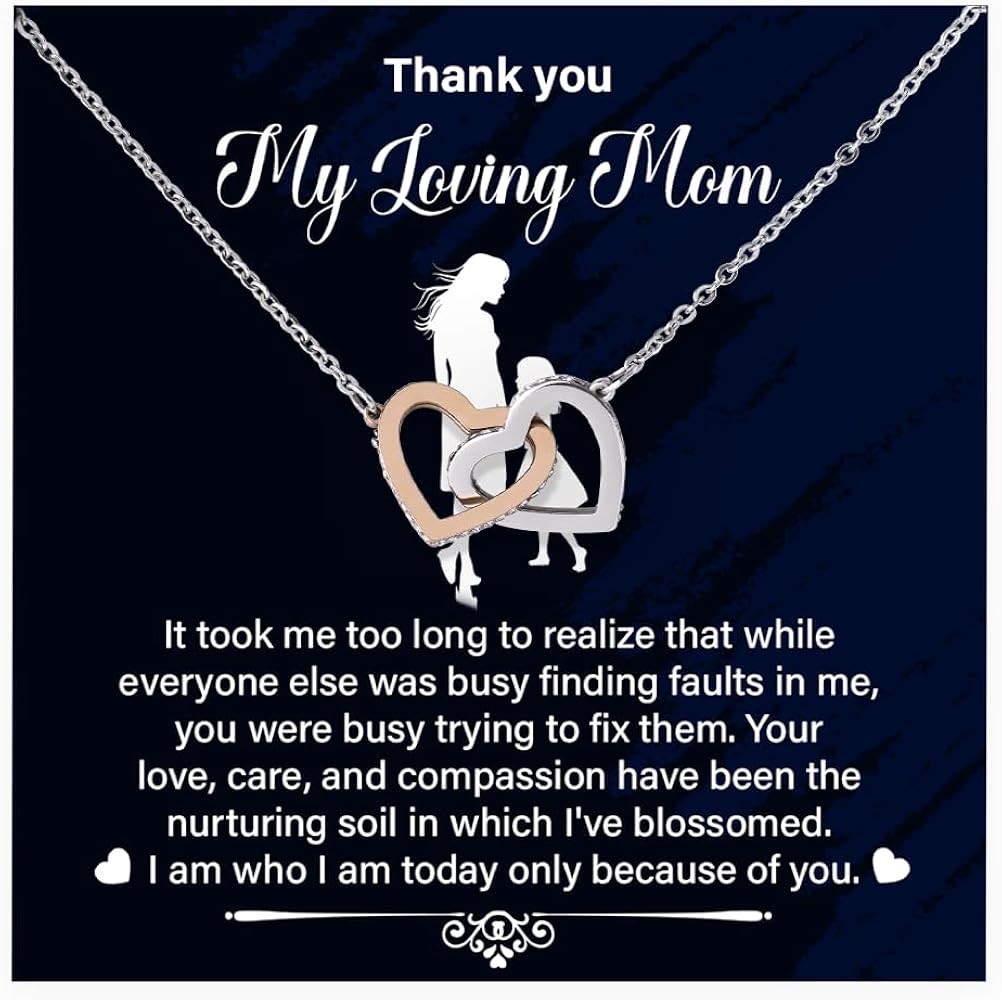 To My Loving Mom Necklace Present From Daughter, Amazing Gift Ideas For Mother's Day And Birthday Presents For Mom, Interlocking Heart Jewelry With A Thankful Message Card And Elegant Gift Box For The Necklace