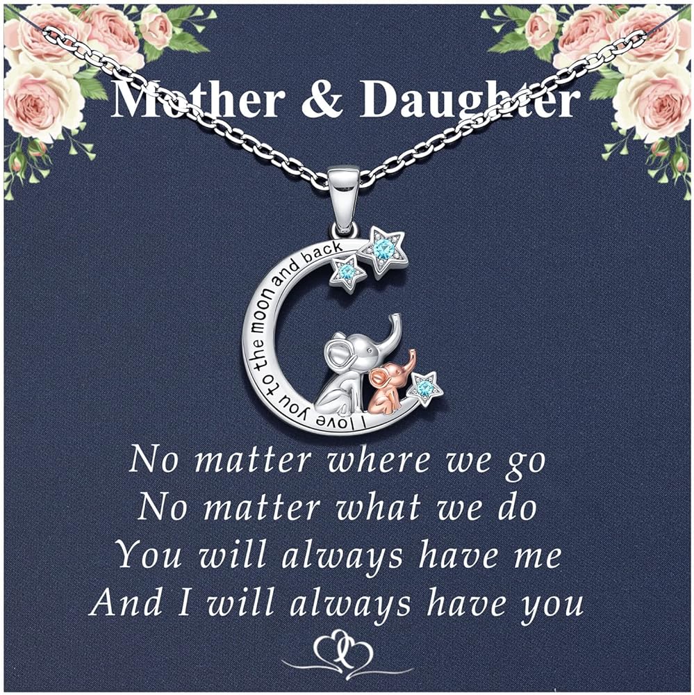 UNGENT THEM I Love You to the Moon and Back Mother Daughter Necklace from Mom Moon Elephant Jewelry Gifts For Daughter Mommy Mothers Day Birthday Gifts