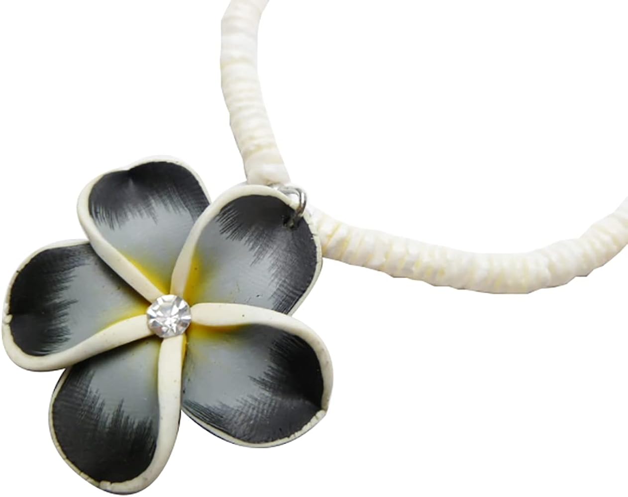 Hand Made Colorful 35mm Fimo Clay Plumeria Flower With Cubic Zirconia CZ 18" White Clam Shell Necklace Hawaiian Polynesian Style