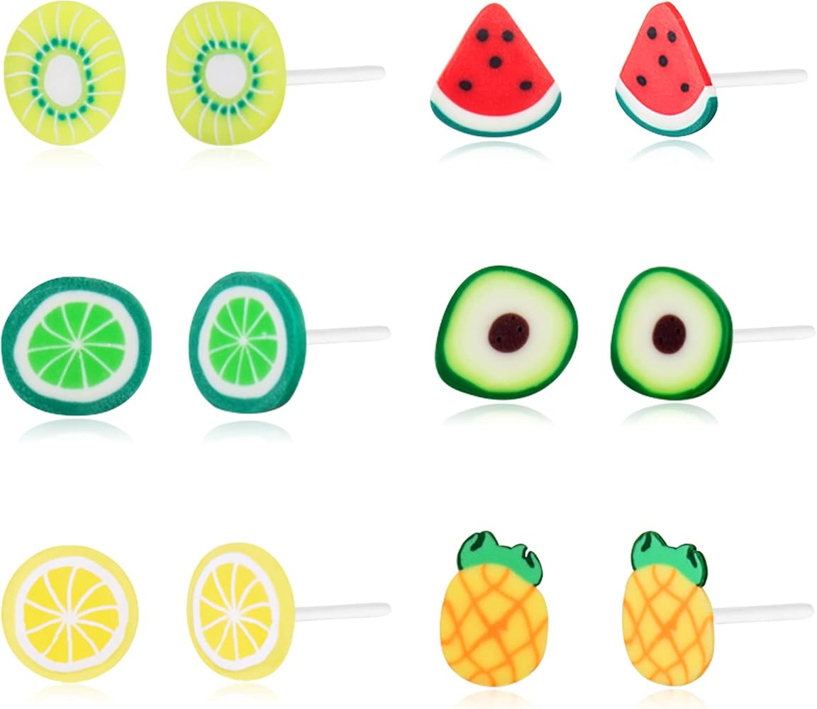 Plastic Earrings, KMEOSCH Plastic Stud Earrings - 6 Pairs of Fun Summer Vibes Earrings for Sensitive Ears (Lemon, Kiwi, Watermelon, Pineapple, Lime and Avocado)