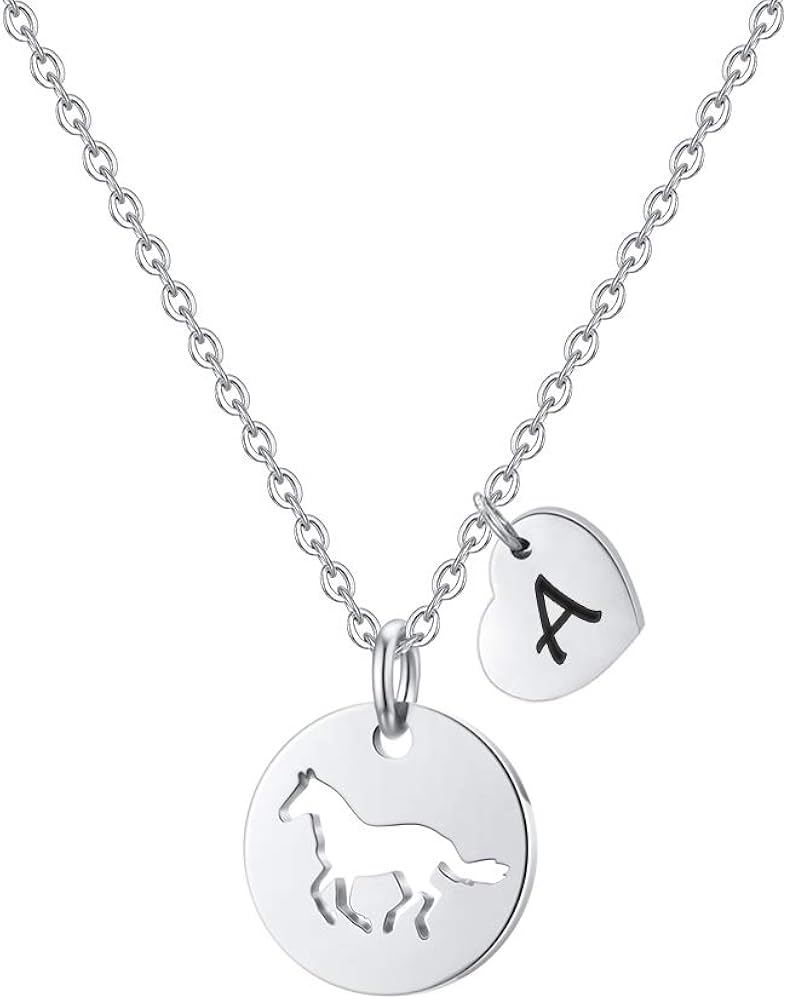 MONOOC Horse Gifts for Girls - Stainless Steel Horse Necklace for Girls Dainty Heart 26 Initial Necklace Horses for Girls Horse Jewelry Horse Gifts for Girls Women Horse Lovers Teen Girl Gifts