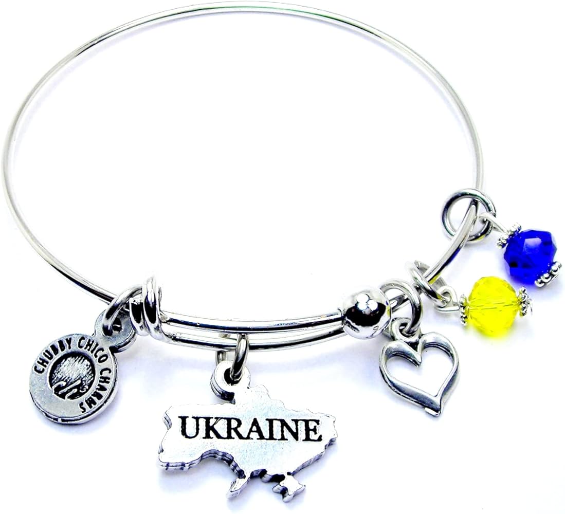 Ukraine Single Bangle Charm Bracelet With Crystal And Accent Charms For Girls, Women, Teens. Present For Birthday Or Special Occasion.