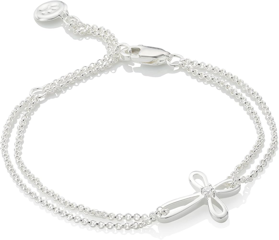 Sterling Silver Rounded Cherish Diamond Cross Bracelet for Girls and Teens. Ideal for First Communion Gifts, Baptism, Gotcha Day, Quinceañera, Flower Girl and Bridesmaid Gifts