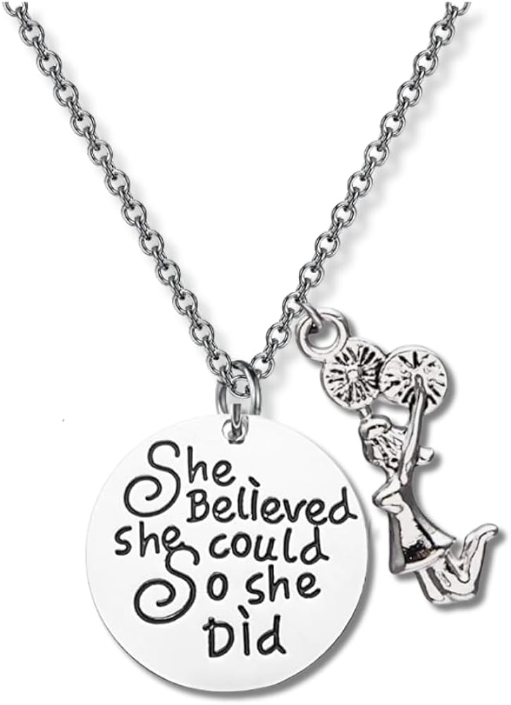 Sportybella Cheer Necklace for Girls, Cheer Gifts for Cheerleaders, She Believed She Could So She Did Cheer Themed Jewelry, Cheer Senior Gift, Competitive Cheer Gifts