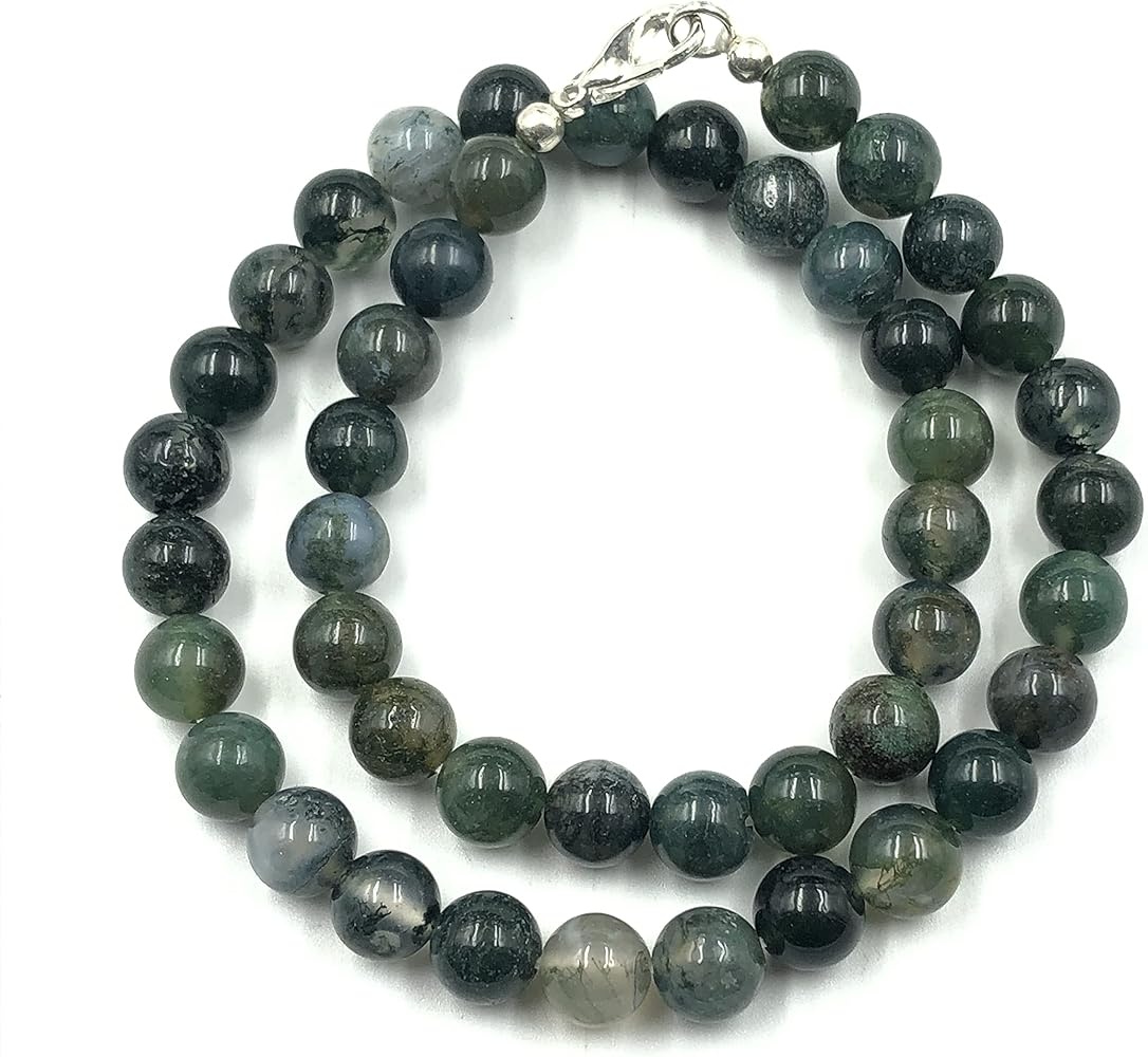 Natural Moss Agate Gemstone Round Beaded Stretchable 15.5 Inches Choker Necklace For Girls and Women, Unisex Necklace, Handmade Designer Necklace For Gift, Christmas Gift,