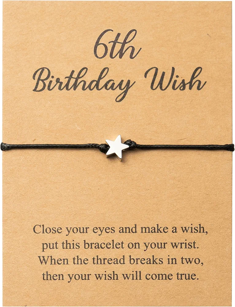 WATINC 6th Birthday Wish Bracelet, Adjustable Star Cord Bracelets with Make A Wish Cards, Friendship Simple Handmade Bracelet Birthday Gift for Daughter Friends Sister