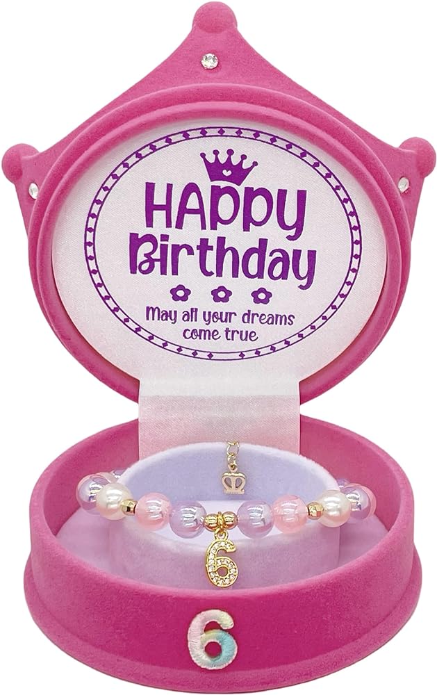 6th Birthday Girl, 6th Birthday Bracelet Pink, 6th Birthday Crown Box, 6th Birthday Outfit for Princess, Birthday Gift for 6 Year Old Girl, 6th Birthday Jewelry