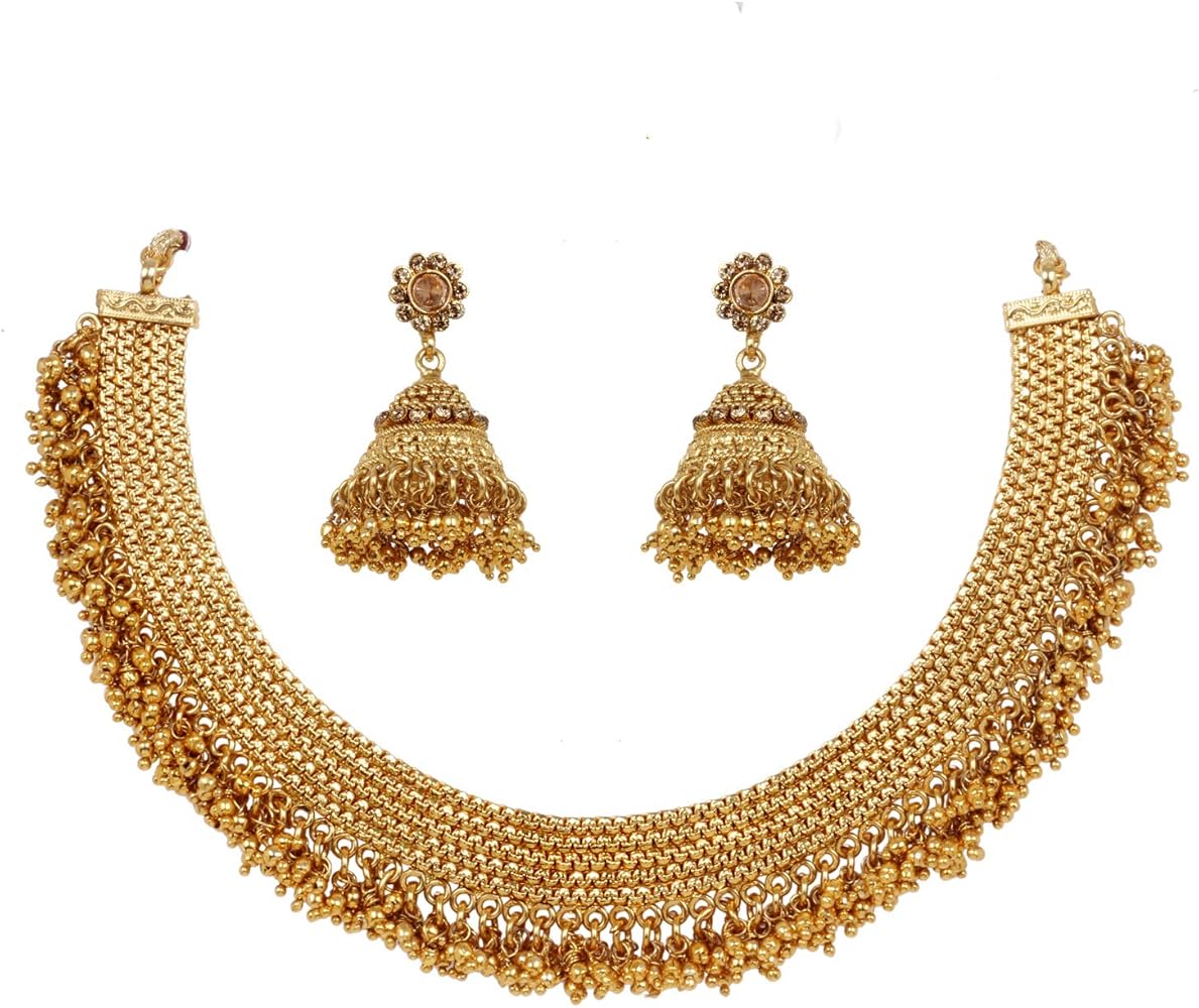 SANARA South Indian 18K Gold Plated Pearl Made Traditional Choker Polki Necklace & Jhumki Earrings Set Bollywood Wedding Costume Jewelry