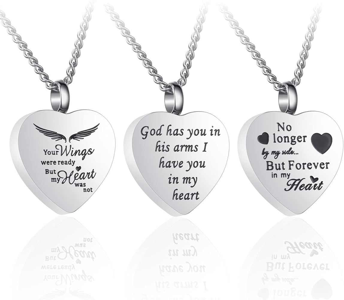 3 Pack Urn Necklace for Ashes Memorial Cremation Jewelry Ashes, Heart Silver Locket Stainless Steel Urns Pendant Keepsake with Different Words & Funnel Kit Bag