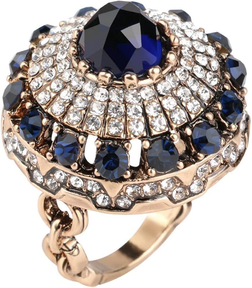 Shiny Blue Eye CZ Statement Ring for Women Girls Vintage Round Crystal Rhinestone Evil Eye Chunky Wide Band Bollywood Wedding Cocktail Party Rings Comfort Fit Antique Art Deco Jewelry Gift Size 8