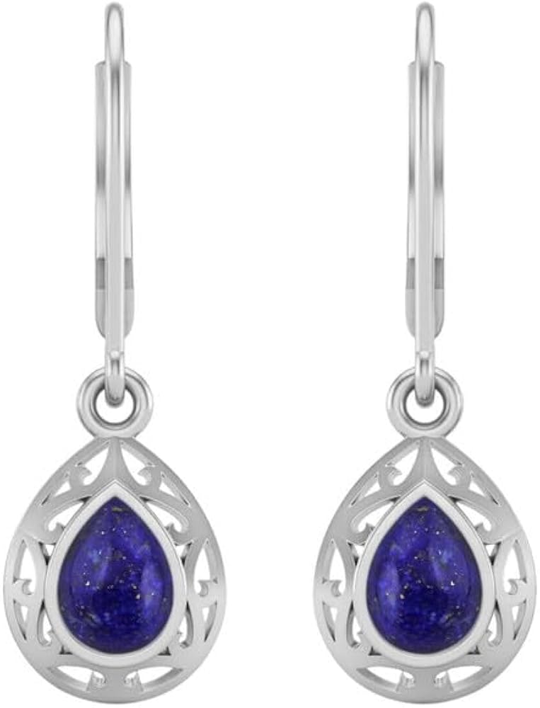 Indi Gold & Diamond Jewelry Pear Cut Created Lapis Solitaire Drop Dangle 14K White Gold Over 925 Sterling Silver