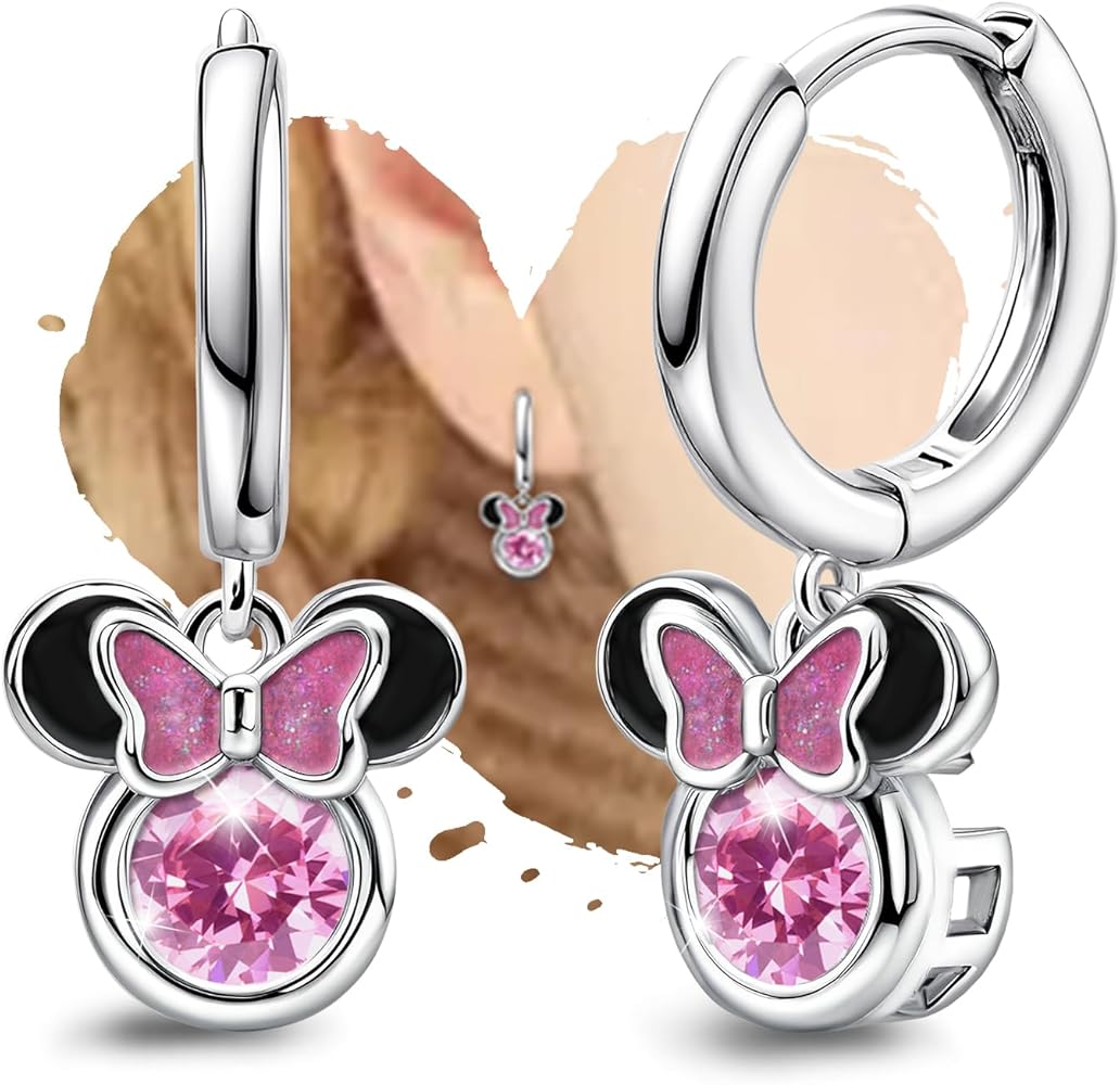 Hoop Earrings for Girls Cute - Sterling Silver Huggie Earrings with Pink Cubic Zirconia Dangle Hypoallergenic Mouse Earrings Hoops for Women Teens Jewelry Gifts