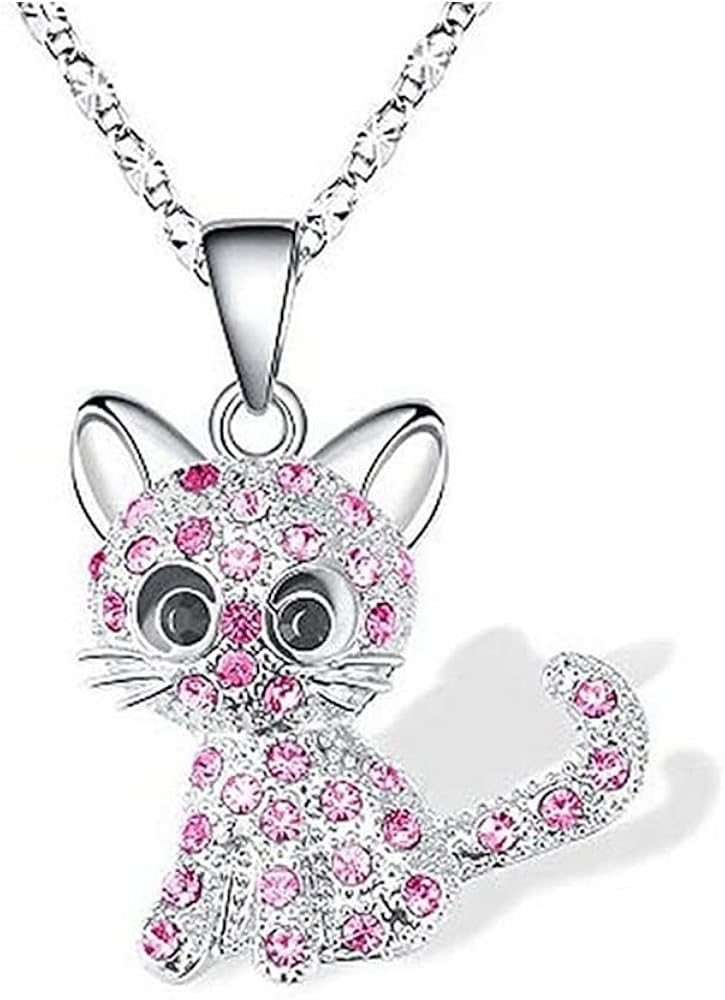 Cute Cat Kitty Pendant Necklace with Crystal Link Chain Sweet Gift Girls Women Jewelry Necklace