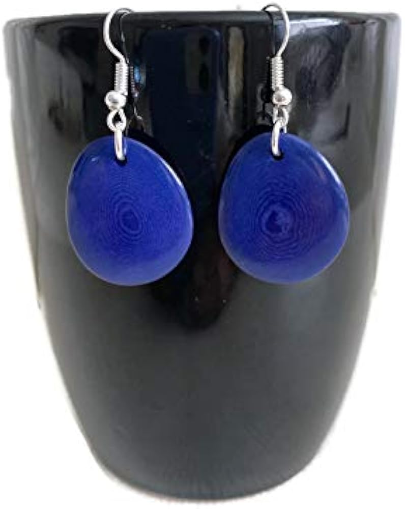 Tagua Earrings in Blue, Vegetable Ivory Dangle Earrings TAG272, Organic Earrings, Tagua Earrings Royal Blue