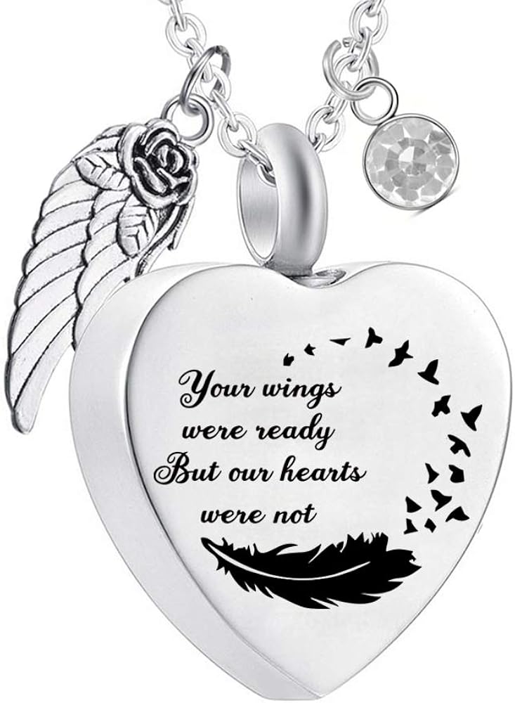 Silver Heart Urn Necklace for Ashes Angel Wings Memorial Cremation Jewelry for Ashes Pendant with Birthstones-Your Wings were Ready But My Heart was Not