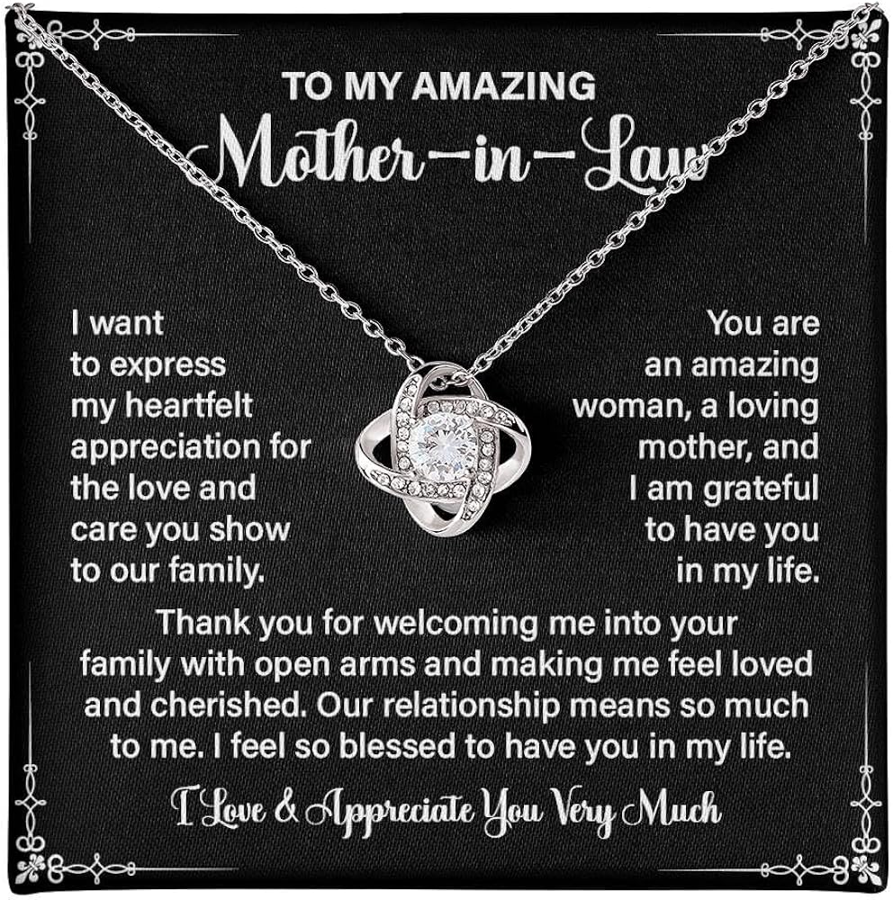 To My Amazing Mother-in-law Necklace, Love Knot Jewelry For Her Birthday Or Mother's Day Present With This Thankful Message Card And Elegant Standard/Luxury Gift Box From Daughter-in-law or Son-in-law