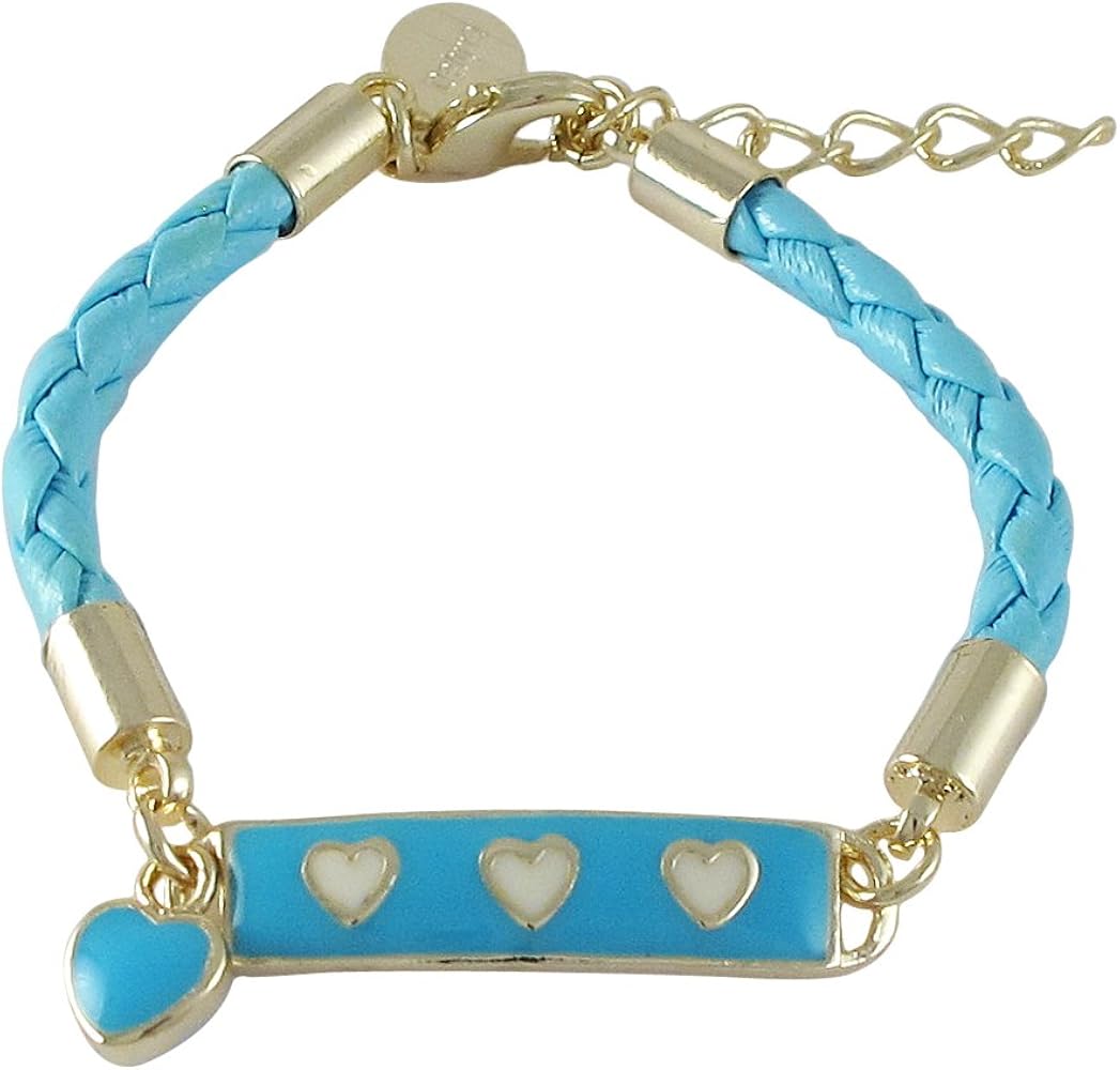 Gold Finish Aqua White Enamel Hearts Girls Braided Cord Charm Bracelet, 5+1" Extender