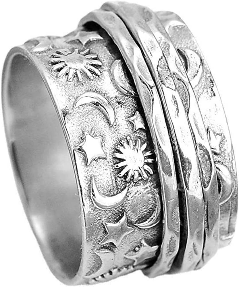 Jude Jewelers Stainless Steel Hammered Sun Moon Star Rotating Spinner Statement Band Ring