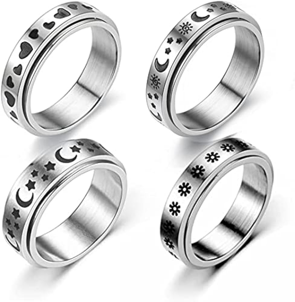 COLORFUL BLING 4 Piece Stainless Steel Spinner Band Ring Set Hypoallergenic Relieving Stress Moon Star Heart Sand Blast Finish Wedding Ring