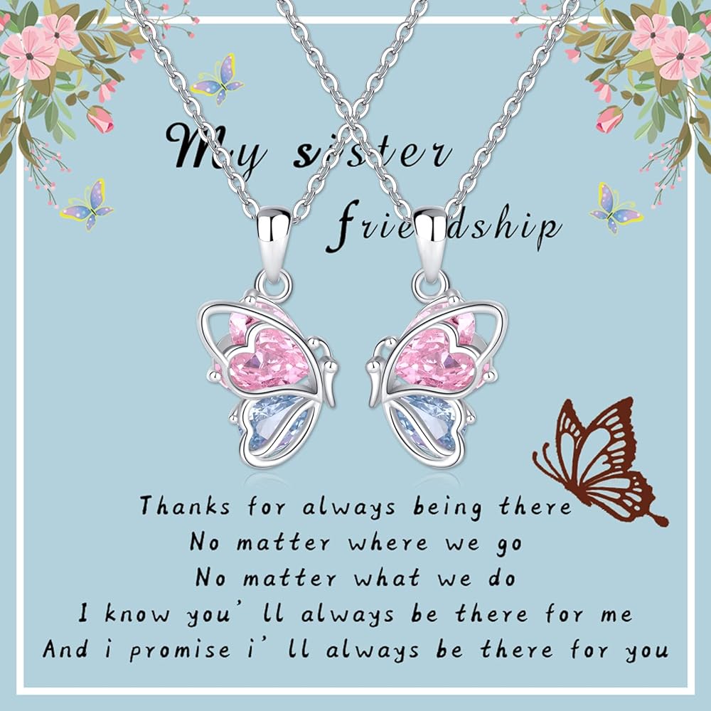 925 Sterling Silver Butterfly Matching Necklaces set 2 Mom and Daughter Necklaces Aunt Niece Matching Necklace Best Friend Friendship Necklaces for 2